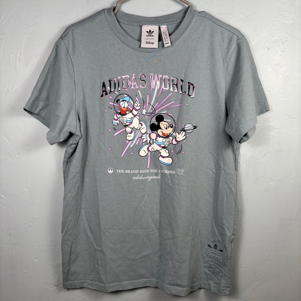 Adidas World Light Gray Disney Graphic Tee with Astronaut Mickey & Donald Duck